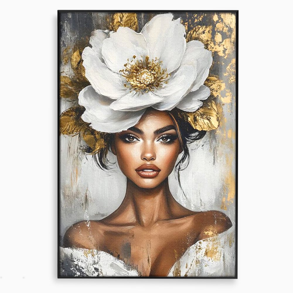 Tablou canvas cu tablou canvas cu portret de femeie si floare, in rama de aluminiu negru